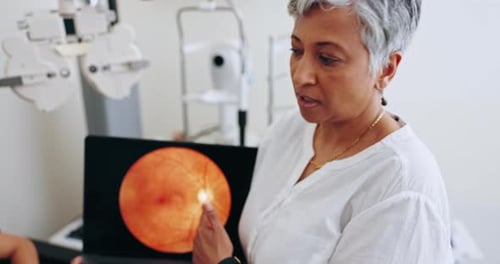 Face, woman and presentation with eye scan, retina and digital imaging with test results