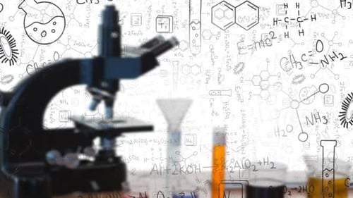 Digital composition of chemicals equations and structures floating against microscope and test tubes