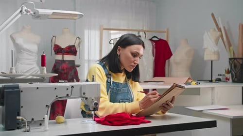 Focused and Serious Seamstress is Creating a Sketch of the Future Dress in Her Workshop She Sits at