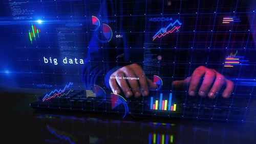 Big data charts graphs display with typing keyboard