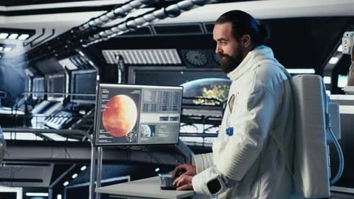 Astronauts Flying Together in Starship Exploring Mars