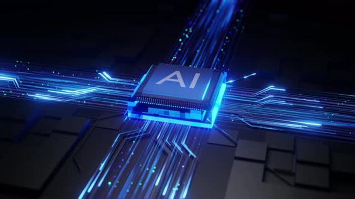 Futuristic AI Processor Data Flow on Digital Circuit Board, Backgrounds ...