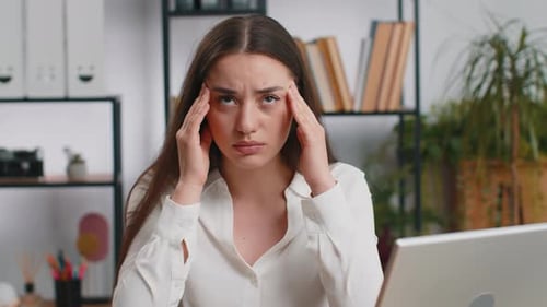Tired Caucasian Business Woman Suffering From Headache Problem Tension Migraine Stress at Office