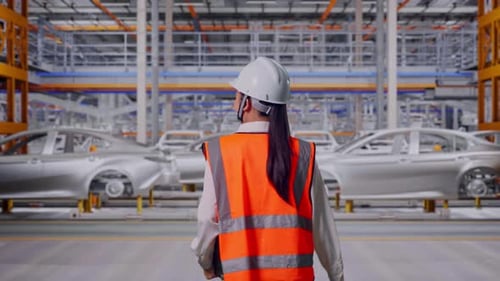 Dos d'une ingénieure asiatique tenant une tablette en marchant dans une usine automobile
