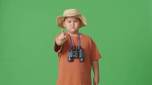 Tourist Boy Researcher Pointing Finger Toward You Shows Index Finger No Gesture