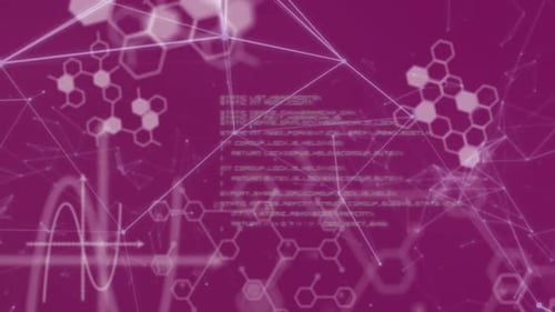 Digital animation of molecular structures and network of connections against pink background