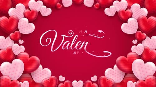 Happy valentines day greeting animation text, lettering with love ornament on pink background