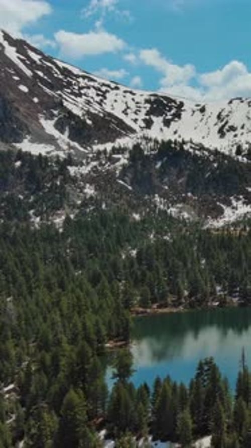 Mountain lake with snow mountains and green forest