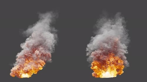 Set of two variations of fire explosion with white smoke. Alpha Channel.