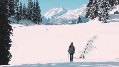 Winter Hike in Snowy Mountains on a Sunny Day