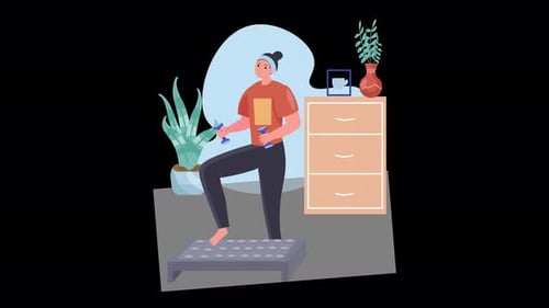 Animated Fitness Illustration: Person Exercising with Dumbbells and Step