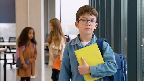 Portrait of Smiling Schoolboy Looking at Camera Classmates on Background Back to School