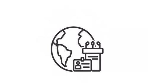 Animated Global Corporate Event Icon with Travel and Podium