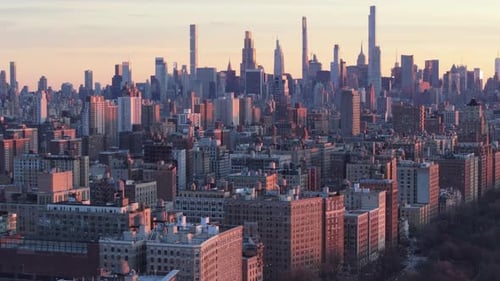 Aerial view of the New York City skyline at dusk