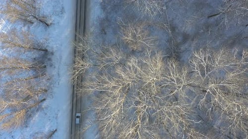 Vista superior de un SUV blanco que recorre una carretera forestal cubierta de nieve Un automóvil recorre la ruta de Icy Woods en invierno