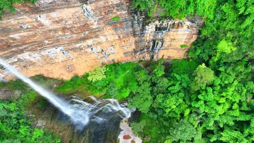 Majestic waterfall in lush forest, cascading from towering cliff.