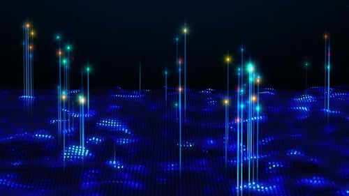 4K Wavy blue grid of connection structure emit particle trails of data