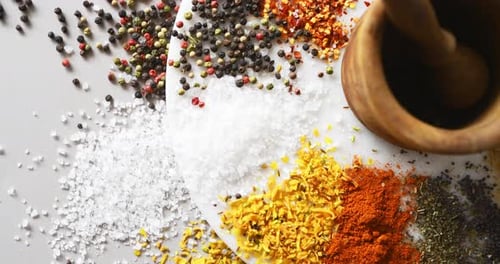 Colorful Spices Surrounding Mortar and Pestle