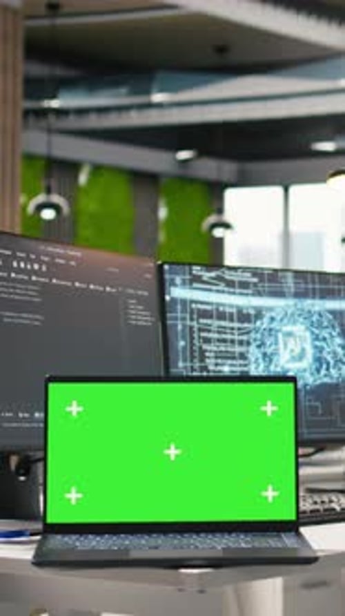Vertical Video Isolated Screen Laptop in Empty AI Startup Office