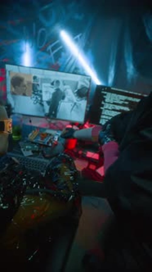 Une femme montre un code numérique sur son bras à un collègue cyberpunk codant sur ordinateur