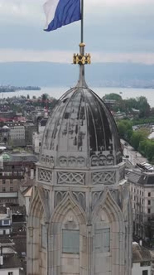 Aerial video of the steeple at the Grossmunster church in Zurich, Switzerland