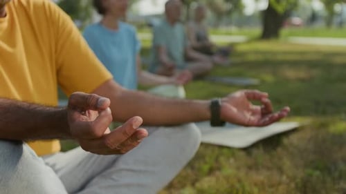 Adults Meditating Outdoors in Urban Park Setting