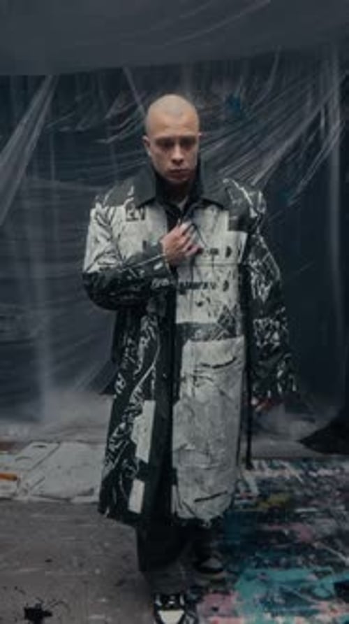 Vertical of Male Fashion Designer Trying On Freshly Painted Coat in Studio