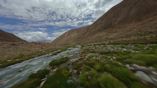 Mountain River in the Mountains of India View From FPV Drone