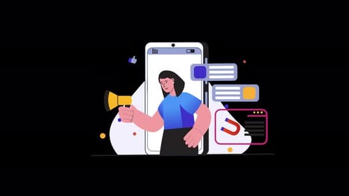 Woman Promoting Social Media Marketing from Smartphone Screen Illustration