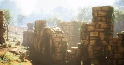 Ruins with Sunlit Greenery in a Tranquil Outdoor Setting During Morning Hours