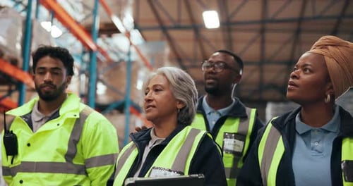 People, team and logistics planning in warehouse for supply chain, discussion and meeting