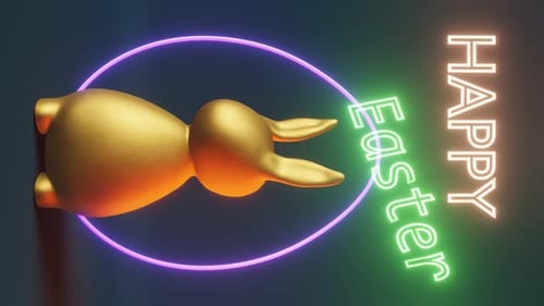 Frohe Ostern, glänzende goldene Haseneier, futuristisches blaues Neonlicht, 3D-Animationsschleife, vertikales Design, 4K
