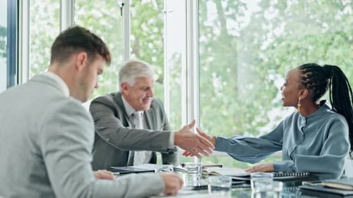 Meeting, applause and business people with a handshake for an agreement