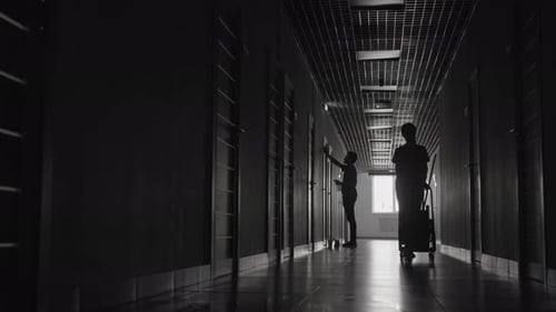Silhouettes de concierges nettoyant un couloir sombre