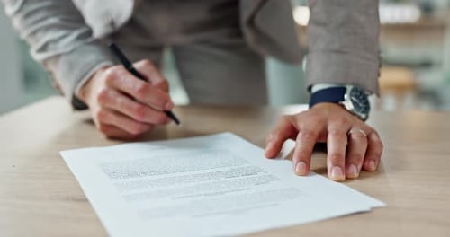 Documents, hands and business person with signature, writing or closeup with planning