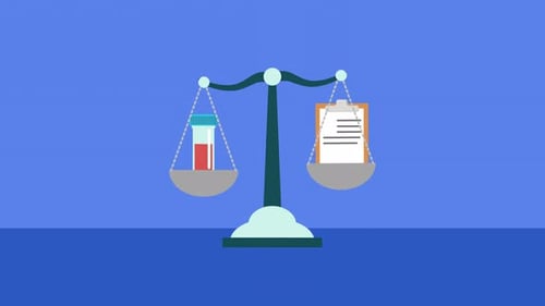 Medical Test Tube and Clipboard Balancing on a Scale