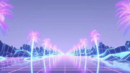 Camera Moves Along Synthwave Wireframe Net