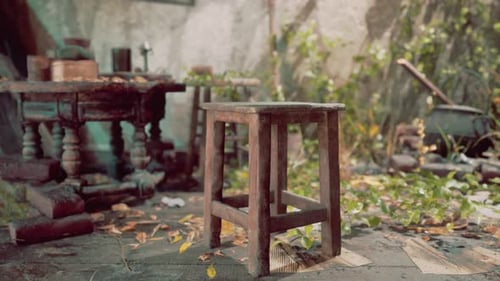 Rustic Wooden Stool in Overgrown Natural Setting