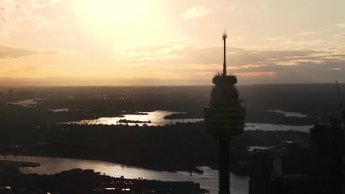 4K Drone aerial view of Sydney Tower and cityscape in NSW, Australia.