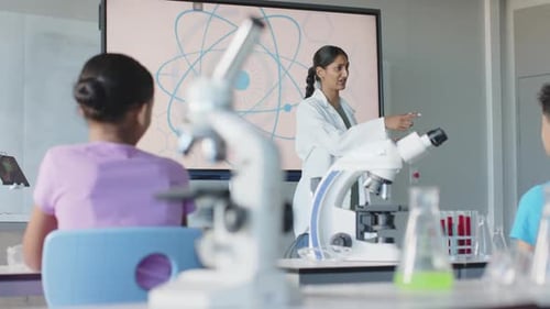 In school, teacher in lab coat engaging students in science classroom