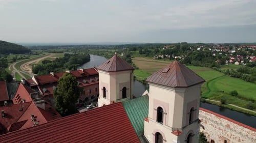 Monastery and church on the rocky cliff at Vistula river. Tyniec, Poland. View from above.