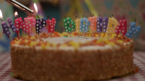 Lighting 'Happy Birthday' Candle on Cake Close Up