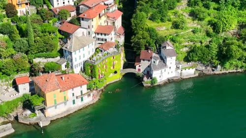 Aerial View of Nesso a Picturesque and Colourful Village Sitting on the Banks of Lake Como Italy