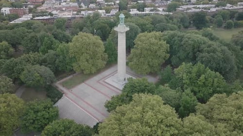 Aerial view of Fort Greene Park on an overcast morning. Shot during the summer in Brooklyn, New York