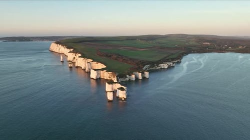 Wide aerial view of Old Harrys Rock, Dorset, England.