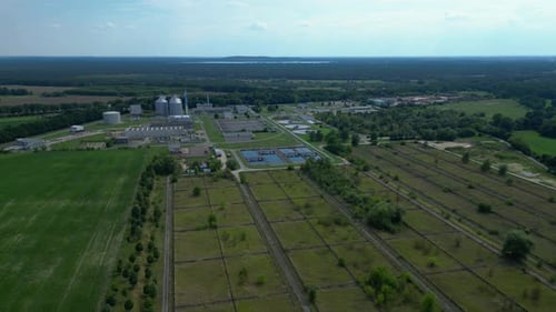 Wastewater treatment plant, drinking water. Wonderful aerial view flight drone