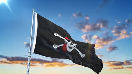 Realistic Pirate Flag Waving in Blue Sky Animation