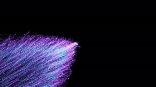 Abstract Blue Purple Optical Fiber Energy Stream with Glowing Particle Burst and Light Trail Motion