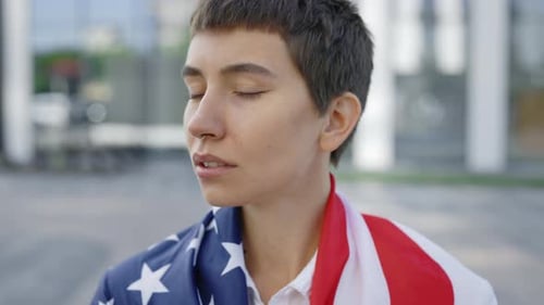 Portrait of the Attractive Caucasian Woman Proudly Representing Her Home Country and Putting USA