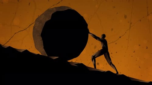 Person Pushing Large Rock Uphill in Grunge Style Animation